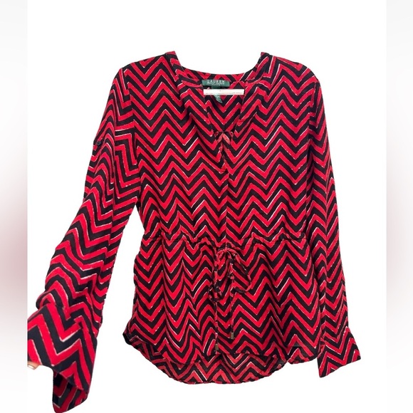 Lauren Ralph Lauren WOMENS Blouse M Chevron Red/black Dressy Going Out Top - Picture 1 of 14